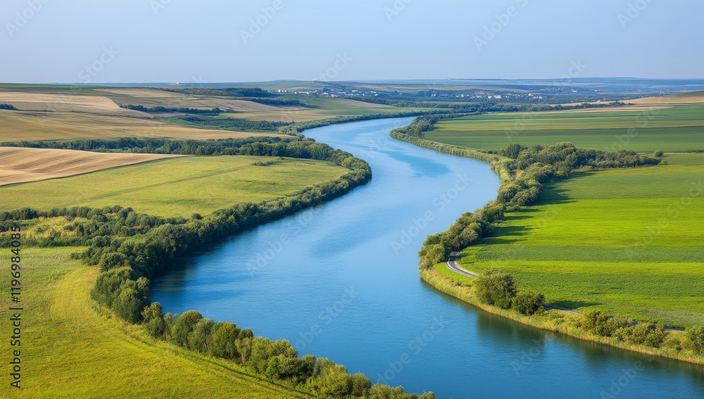 Aerial view of farmland in colorful digital art style with bold grid-based design Aerial view of farmland in colorful digital art style with bold grid-based design