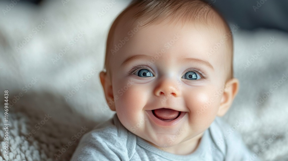 Happy baby smiling widely, showing joy and innocence in a cozy indoor setting with soft textures. Generative AI Happy baby smiling widely, showing joy and innocence in a cozy indoor setting with soft textures. Generative AI