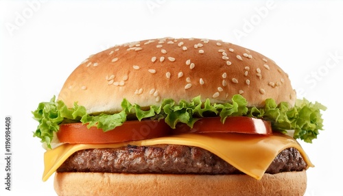 A delicious cheeseburger isolated on a white background, featuring a sesame seed bun, fresh lettuce, tomato, melted cheese and a juicy beef patty. Perfect for food, fast food or advertising themes. photo