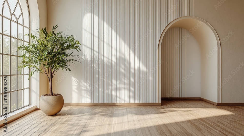 Elegant Interior Space with Vertical Striped White Wall, Sunlight Filtering Through Window, and Lush Greenery in a Corner Planter Elegant Interior Space with Vertical Striped White Wall, Sunlight Filtering Through Window, and Lush Greenery in a Corner Planter