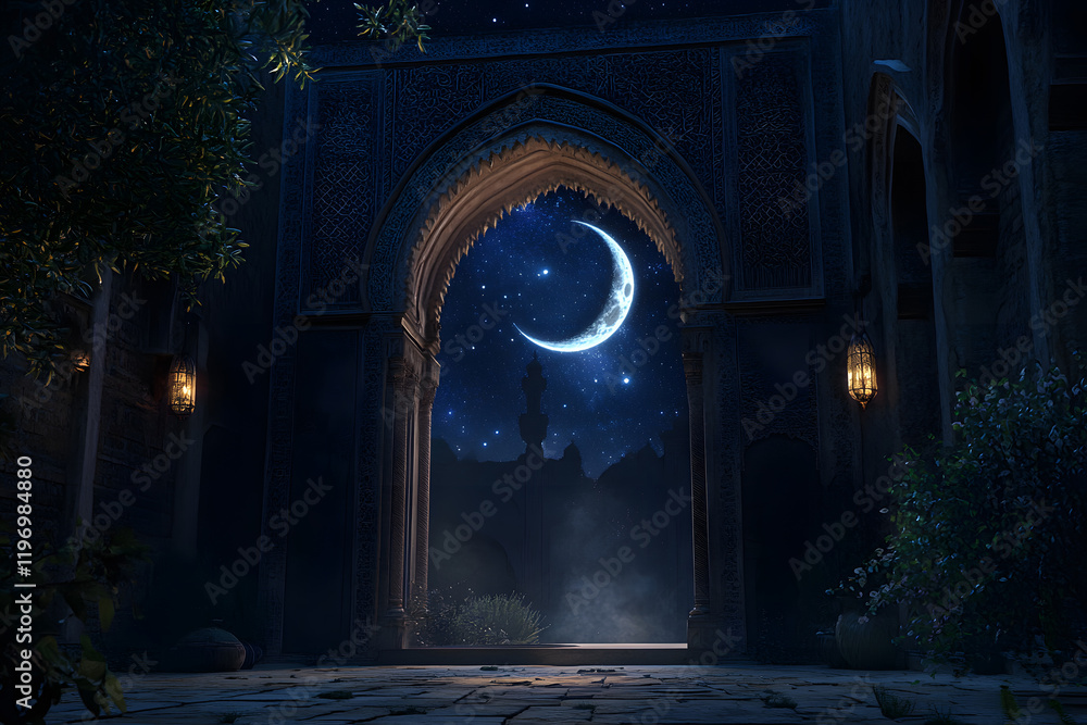 Fototapeta premium Ramadan Kareem greeting. Islamic city with mosque skyline, crescent moon and stars. End of fasting. Hari Raya card. Eid al-Fitr. Breaking of holy fast day. Muslim holiday. Arab night sky.