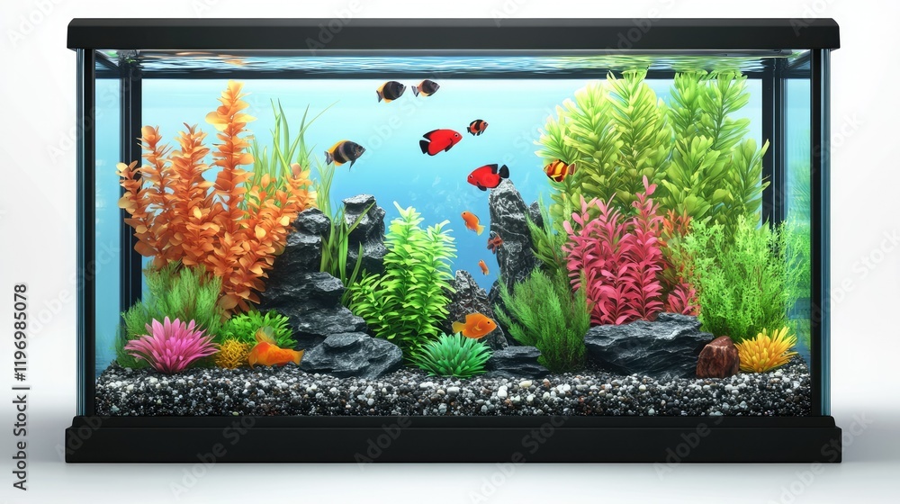 Fototapeta premium A well-maintained aquarium with vibrant fish, plants, and decorations creating a visually stunning aquatic ecosystem.