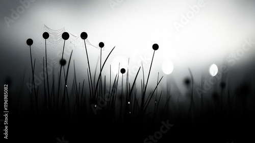 Monochrome field grasses with dew drops and spiderwebs at sunrise.