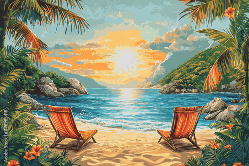A vibrant painting of two colorful chairs on a serene beach with gentle waves and clear blue sky perfect for evoking relaxation and coastal tranquility in art and decor 180 chars