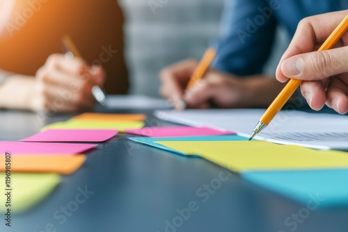 Group of People Collaborating and Exchanging Ideas Using Colorful Sticky Notes and Notebooks at a Modern Workspace photo