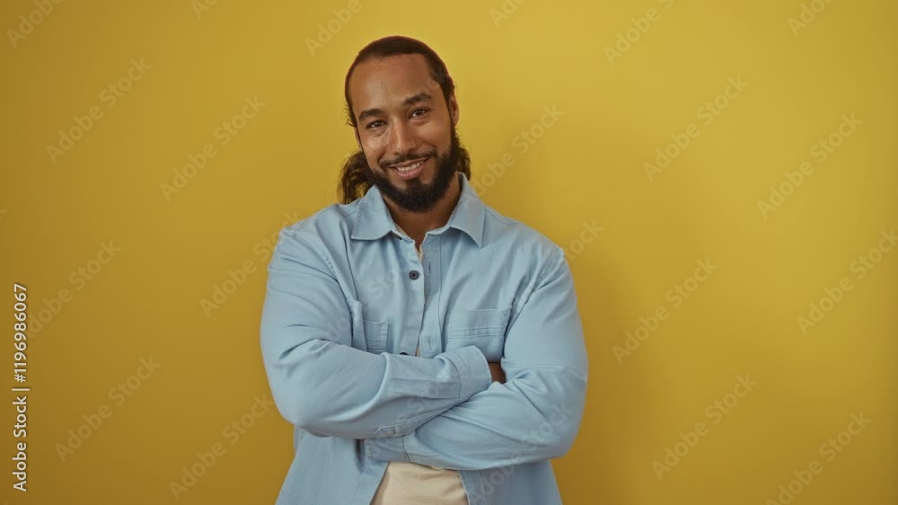 Confident man with beard smiling and crossing arms against a vibrant yellow background, wearing a blue shirt, embodying positive and relaxed vibes in a minimalist setting. Confident man with beard smiling and crossing arms against a vibrant yellow background, wearing a blue shirt, embodying positive and relaxed vibes in a minimalist setting.