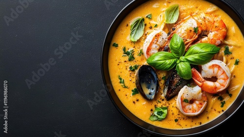 Creamy seafood pasta soup, top view. Delicious meal, dark background. Food photography for recipe websites photo