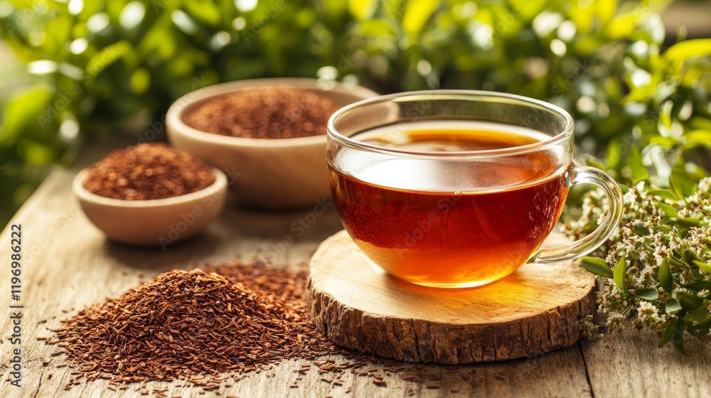 A steaming cup of rooibos tea served on a rustic wooden surface.
A steaming cup of rooibos tea served on a rustic wooden surface.