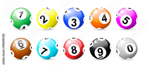 Bingo balls, realistic Lottery Colorful Number Balls, 3d lotto or billiard ball. Lucky gambling sport, casino game, vector design with shadow for your website. isolated on white background