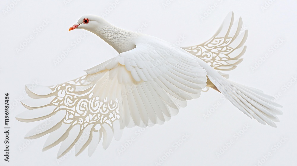 Fototapeta premium White dove in flight, wings adorned with intricate cut-out pattern.