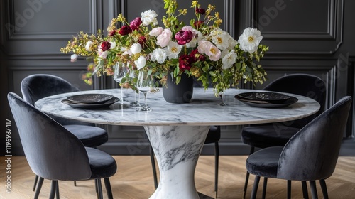 Wallpaper Mural A sleek marble dining table paired with velvet chairs and a stunning centerpiece of fresh flowers.  Torontodigital.ca