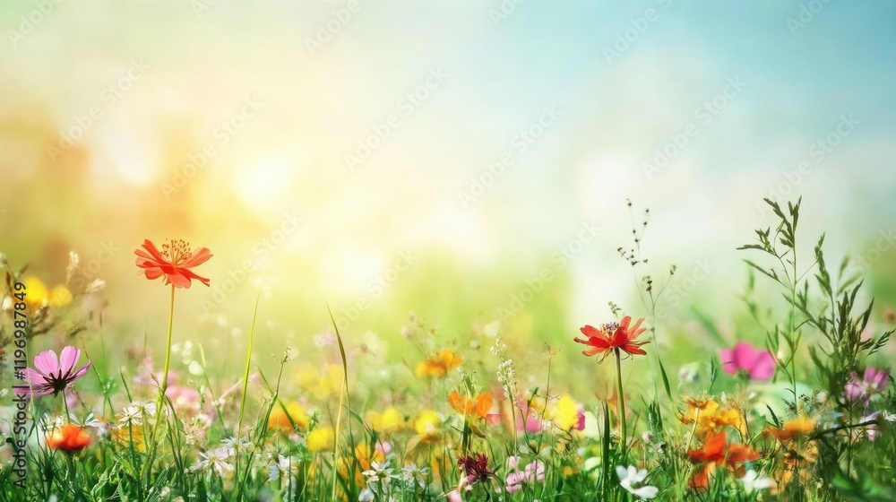 Vibrant wildflower meadow during golden hour with ample space for text and creative design elements. Generative AI Vibrant wildflower meadow during golden hour with ample space for text and creative design elements. Generative AI
