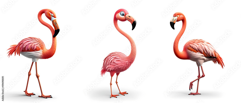 Obraz premium Three playful pink flamingos striking different poses, standing on a white background.