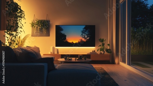 Living Room with Sunset TV Screen