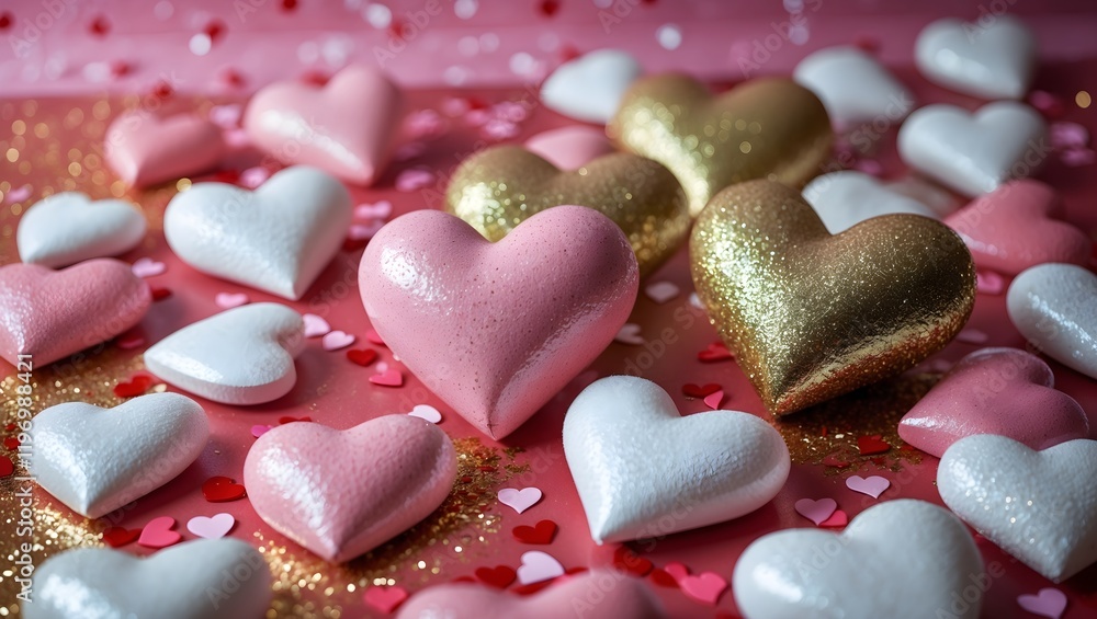 Obraz premium Heart shape Valentine's day background, Modern gradient Valentine's theme, A close up of many hearts, Glitter Pastel Heart Decorations for Celebrations, Pink and white aesthetic heart figures