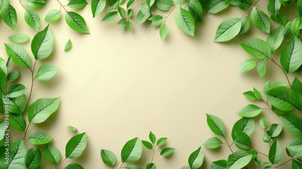 Green leaves frame, beige background, nature, spring, template Green leaves frame, beige background, nature, spring, template