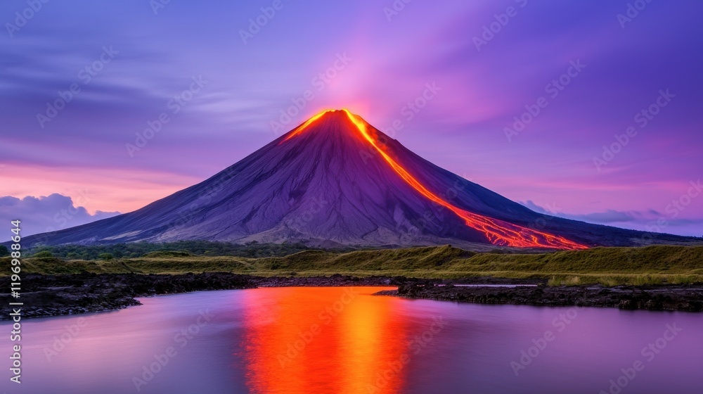 Fototapeta premium Majestic Volcano Erupting with Fiery Lava under Purple Sky