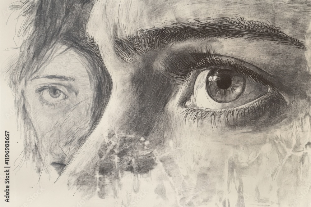 Fototapeta premium Pencil drawing of a portrait of a young woman's eye looking at a crying woman. 