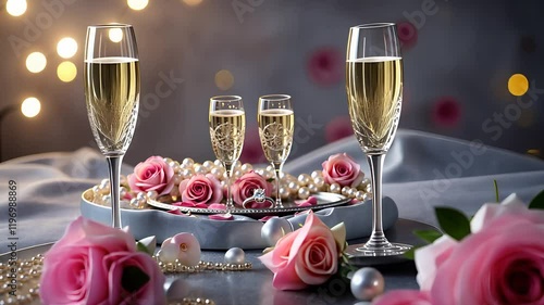 Elegant Table Setting with Champagne Glasses, Pink Roses, and Pearls in a Romantic and Festive Atmosphere

 photo