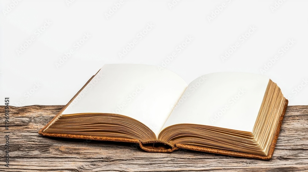A photostock of an open recipe book with blank white pages, placed neatly on a wooden table against a clean white background, symbolizing cooking and creativity. High Quality A photostock of an open recipe book with blank white pages, placed neatly on a wooden table against a clean white background, symbolizing cooking and creativity. High Quality