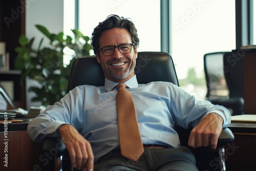 Happy smiling ceo manager at office space, possibly real estate, lawyer, non-profit, marketing, Generative AI