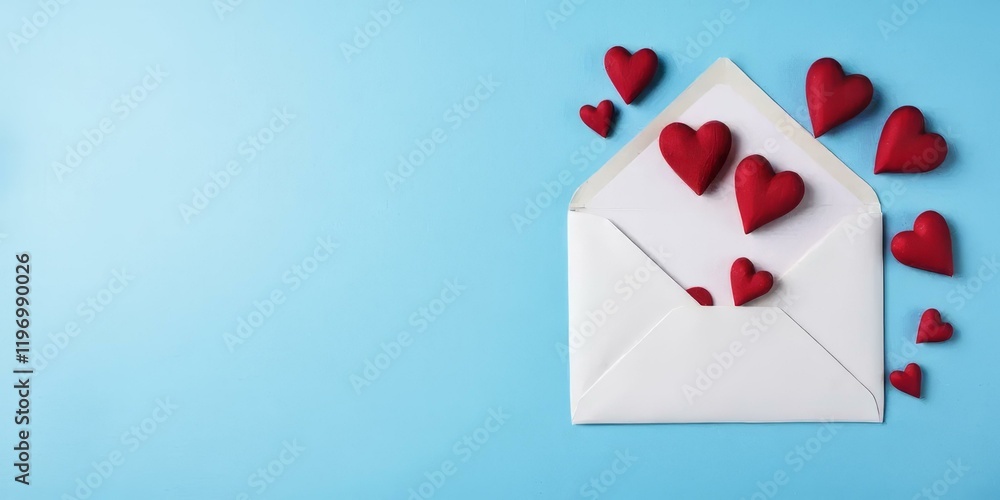 Love Letter_ Red Hearts in Envelope on Blue Background Love Letter_ Red Hearts in Envelope on Blue Background