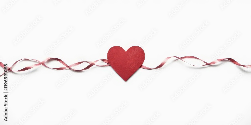 Red Heart & Ribbon on White, Valentines Day Love, Romantic Decor Red Heart & Ribbon on White, Valentines Day Love, Romantic Decor