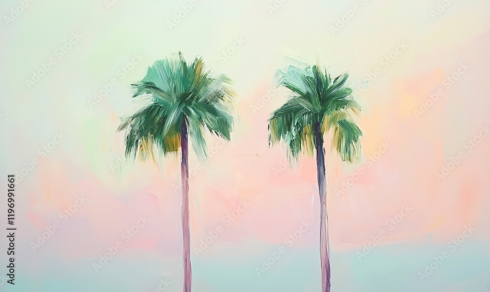 Fototapeta premium An acrylic painting of two palm trees in pastel tones, styled in fauvism with soft golden hour lighting