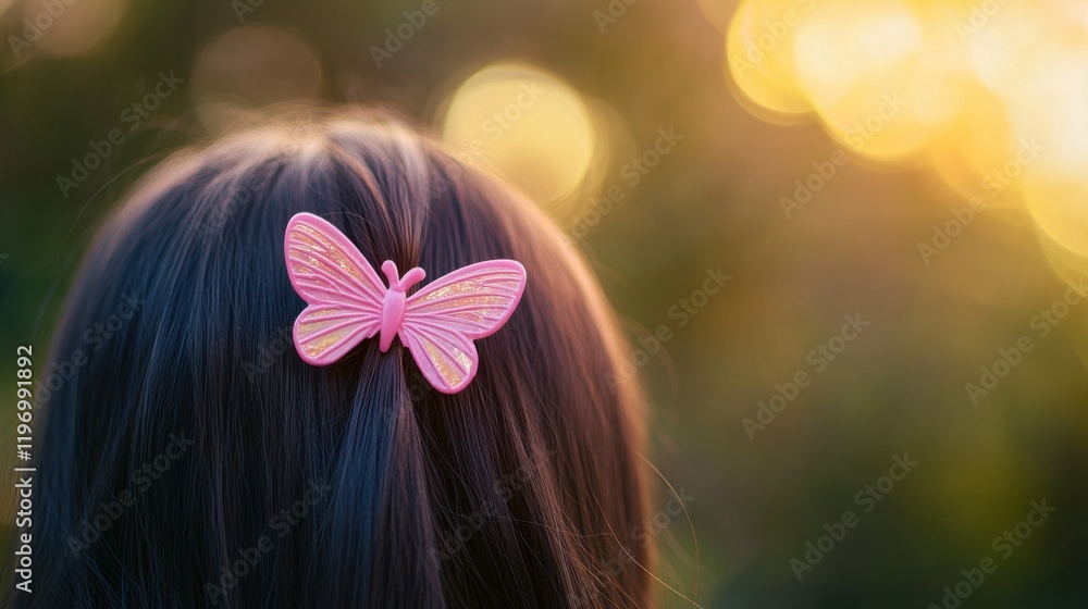 Naklejka premium Pink Butterfly Hair Clip on Dark Hair, Golden Sunlight Backdrop
