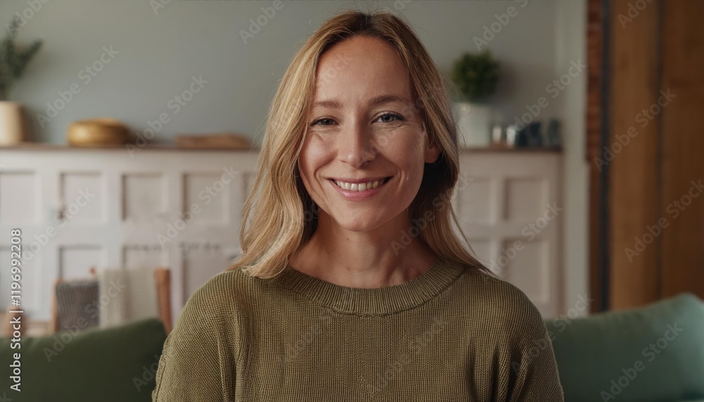 Close up headshot portrait of smiling 30s Caucasian woman look at camera posing in own flat or apartment Close up headshot portrait of smiling 30s Caucasian woman look at camera posing in own flat or apartment