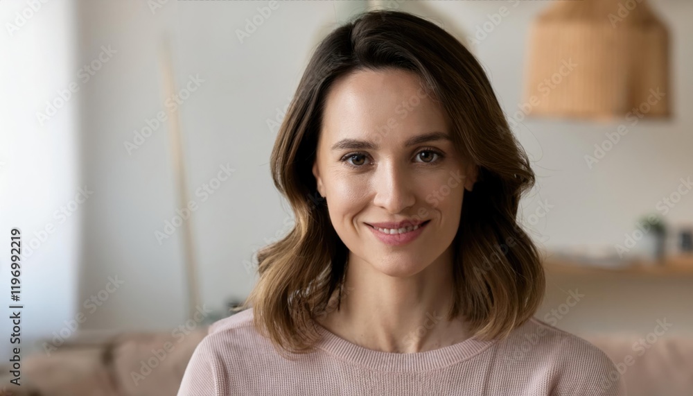 Close up headshot portrait of smiling 30s Caucasian woman look at camera posing in own flat or apartment Close up headshot portrait of smiling 30s Caucasian woman look at camera posing in own flat or apartment