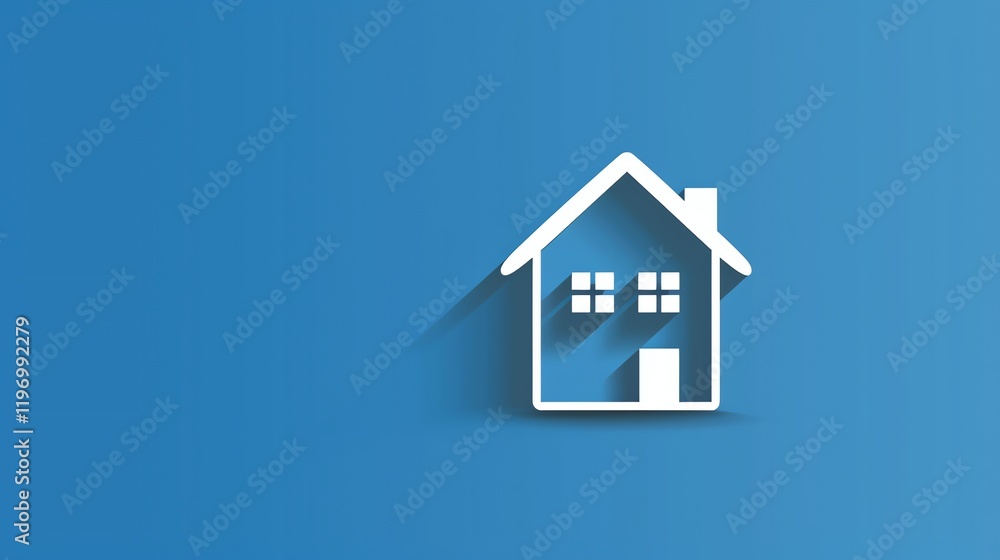 A white house icon with a long shadow on a blue background. A white house icon with a long shadow on a blue background.
