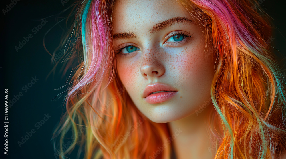a realistically beautiful girl of European nationality with colored, beautifully styled hair a realistically beautiful girl of European nationality with colored, beautifully styled hair