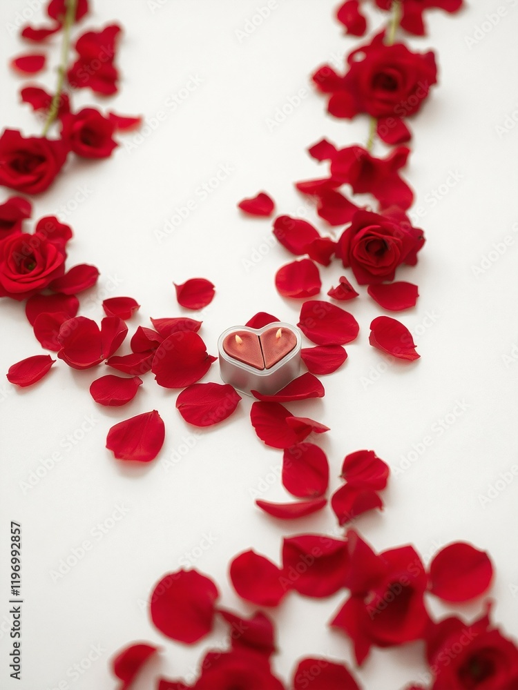 A romantic path made of red rose petals on a white background, leading towards the center where two small heart-shaped candles sit. A romantic path made of red rose petals on a white background, leading towards the center where two small heart-shaped candles sit.