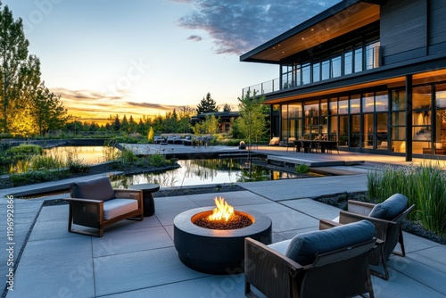 Modern outdoor living space with fire pit surrounded by sleek architecture, tranquil water features, and lush greenery at sunset in a serene setting