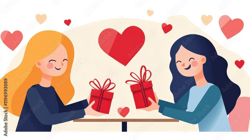 Two Women Exchanging Gifts with Hearts in the Background to Celebrate Friendship and Love for Special Occasions Two Women Exchanging Gifts with Hearts in the Background to Celebrate Friendship and Love for Special Occasions
