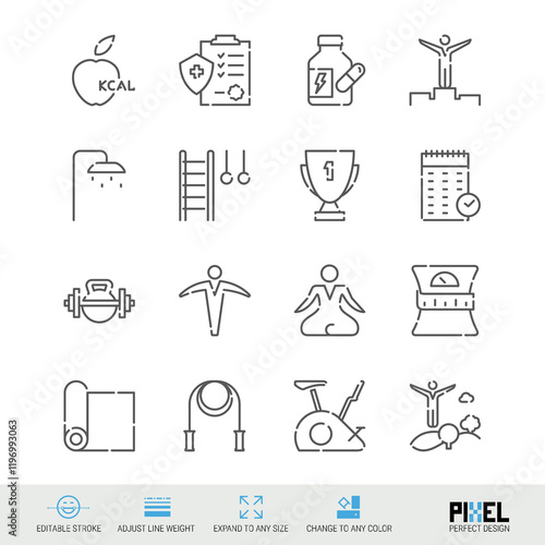 Fitness and diet, healthy lifestyle related vector line icon set isolated on white. Pixel perfect design. Editable stroke. Adjust line weight. Expand to any size. Change to any color.