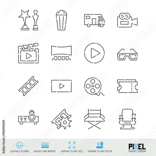 Cinema, movie theater related vector line icon set isolated on white. Pixel perfect design. Editable stroke. Adjust line weight. Expand to any size. Change to any color.