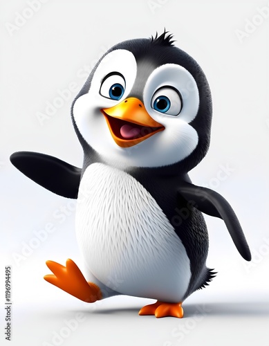 A cheerful cartoon penguin with open wings, depicted in a playful and whimsical style. The penguin has a friendly and happy expression, showcasing its joyful nature.