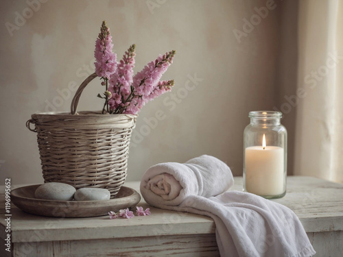 Tranquil bathroom decor with wicker basket, pink flowers, candle, and soft towel