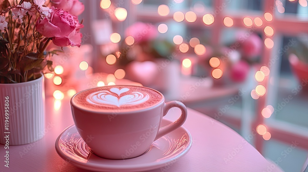Fototapeta premium Heart-Shaped Latte Art on Coffee Cups with Soft Pink and Cream Background