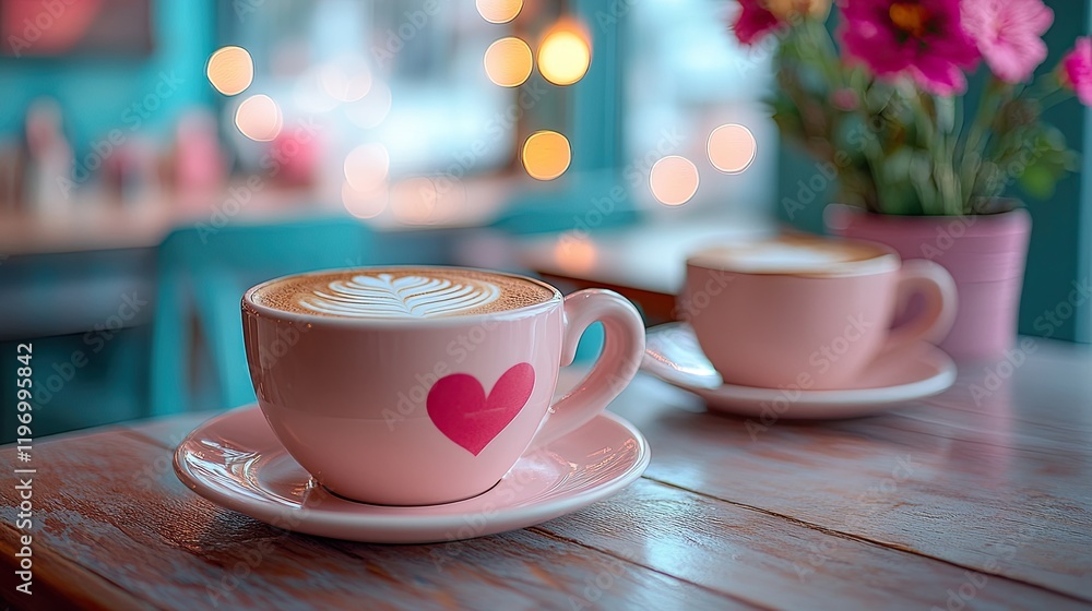 Heart-Shaped Latte Art on Coffee Cups with Soft Pink and Cream Background Heart-Shaped Latte Art on Coffee Cups with Soft Pink and Cream Background