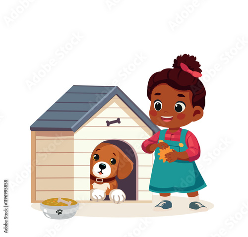 happy cute little kid girl feed play with dog