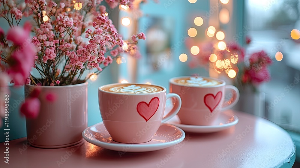 Heart-Shaped Latte Art on Coffee Cups with Soft Pink and Cream Background Heart-Shaped Latte Art on Coffee Cups with Soft Pink and Cream Background