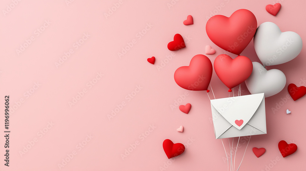 Colorful heart-shaped balloons and an envelope on a soft pink background for love-themed designs Colorful heart-shaped balloons and an envelope on a soft pink background for love-themed designs