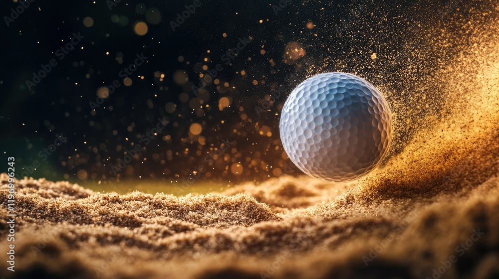 Dynamic capture of a golf ball soaring from a sand bunker, with sand particles creating a dramatic backdrop. Dynamic capture of a golf ball soaring from a sand bunker, with sand particles creating a dramatic backdrop.