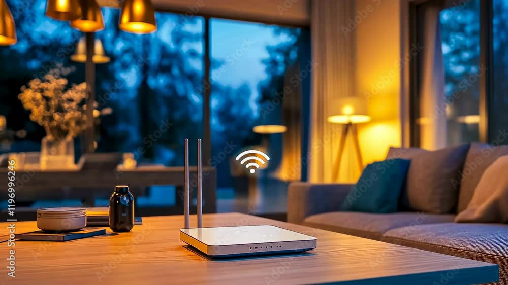 Evening tech setup cozy home.Wireless router glowing sofa.Smart atmosphere soft lighting.providing connectivity living room.Essentials online activities.Modern technology.
