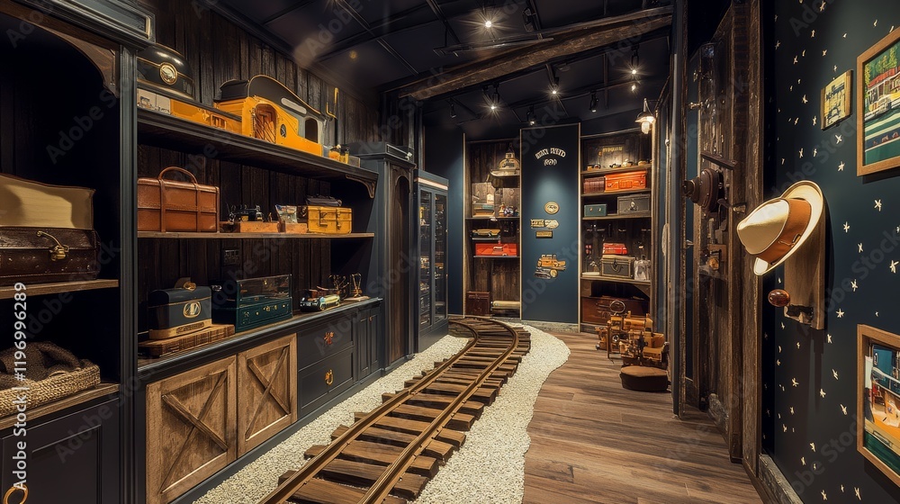 A train-themed space with a track running across the floor, train storage shelves, and a conductor's hat rack. A train-themed space with a track running across the floor, train storage shelves, and a conductor's hat rack.