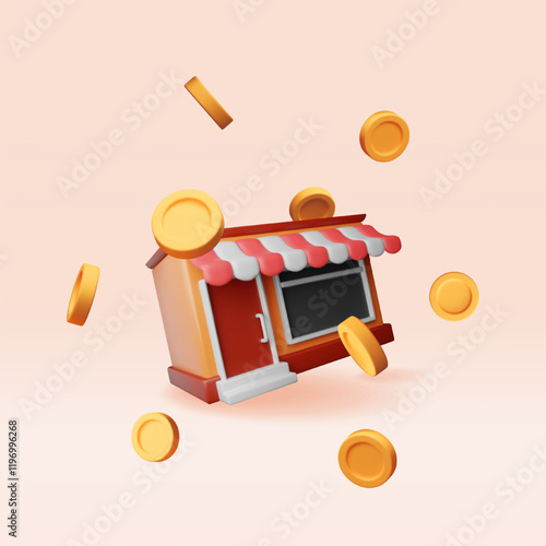 3D franchise business for sale. Render franchising shop building or commercial property. Real estate business promotional, sme startup crowdfunding. Selling buying new business. Vector illustration