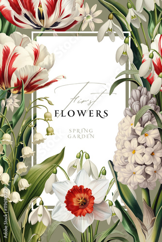 Vintage vector illustration with white and red spring flowers on a changeable background. Floral design template for wedding invitation, greeting card, notebook cover, flyer or certificate.